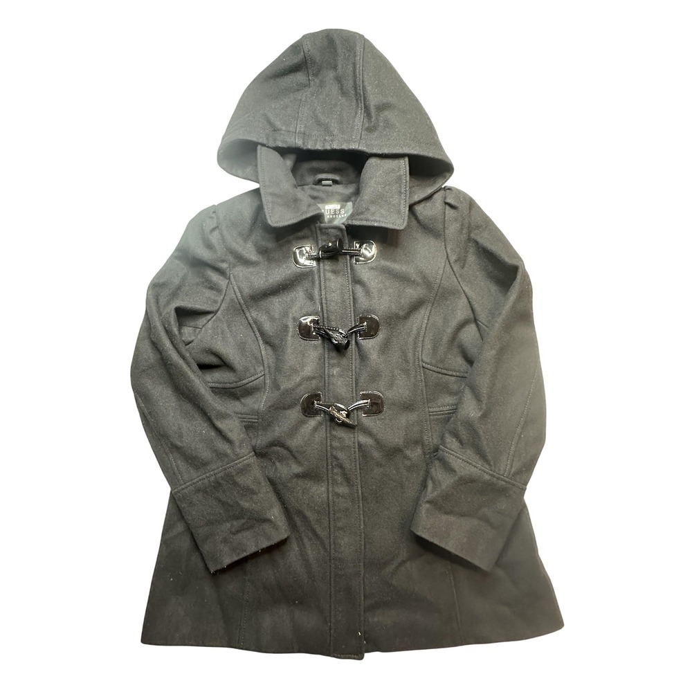 Guess Jacket Womens XL Black Wool Blend Hooded Toggle Duffle Coat Medium Length